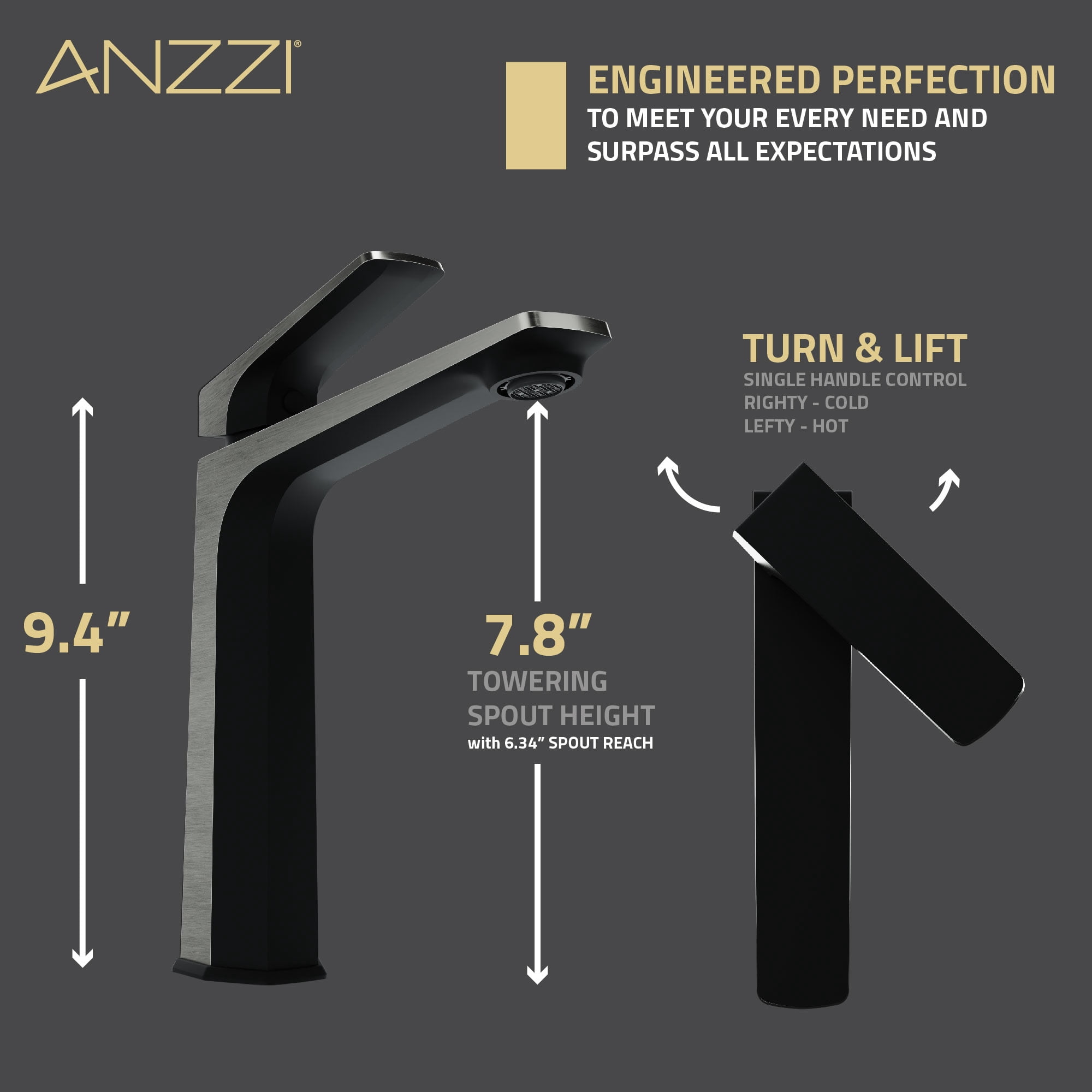 ANZZI Single Handle Single Hole Bathroom Vessel Sink Faucet With Pop-up Drain in Matte Black & Brushed Nickel