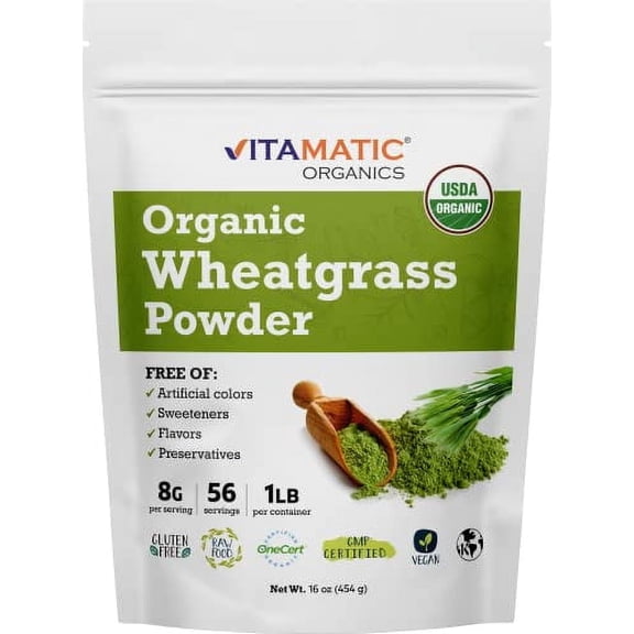 Vitamatic Certified USDA Organic Wheatgrass Powder – 1 Pound (16 Ounces) – Pure, Non-GMO, Gluten-Free Superfood