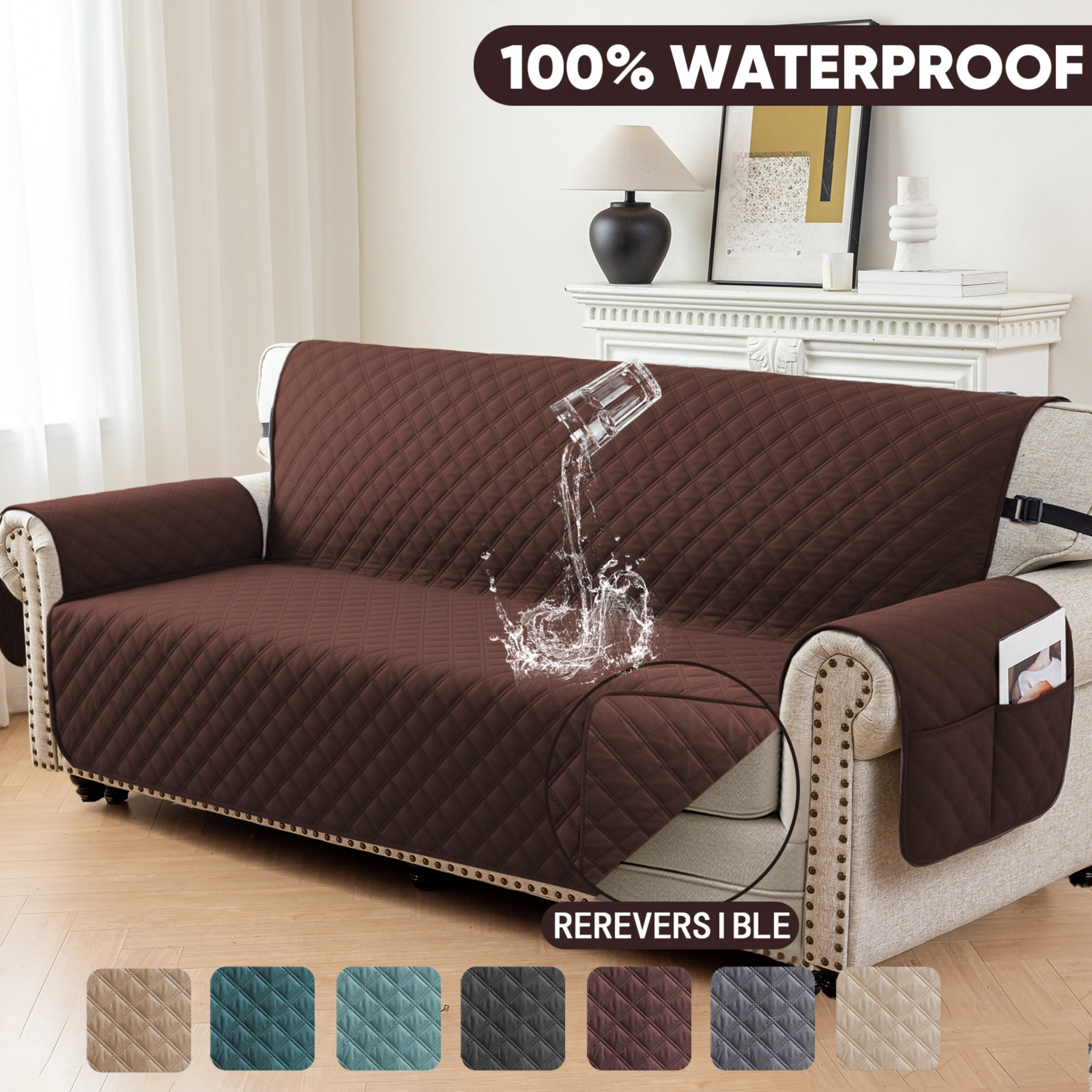 Lavish Cover 100% Waterproof Sofa Cover, 4 Seat Non-Slip Couch Slipcovers, Washable Furniture Protector with Pockets & Elastic Straps for Kids Pets, 4 Seaters, Dark Green