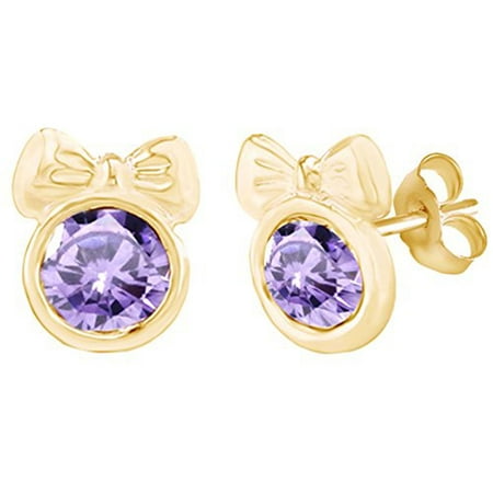 14k Gold Minnie Mouse Round Shape Simulated Violet Alexandrite Minnie Mouse Bow Stud Earrings 14K Yellow Gold Over Sterling Silver ()