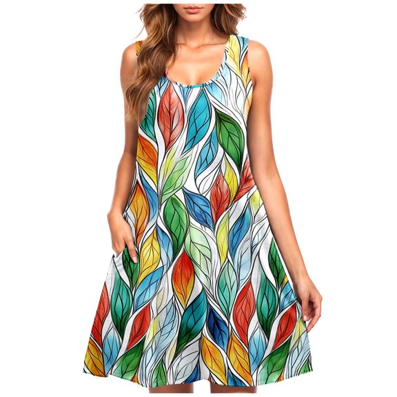 Dvprdro Womens Sundress Summer Fashion Floral Printed Crew Neck Sleeveless Flowy Boho A Line Tank Casual Loose Beach Mini Dress