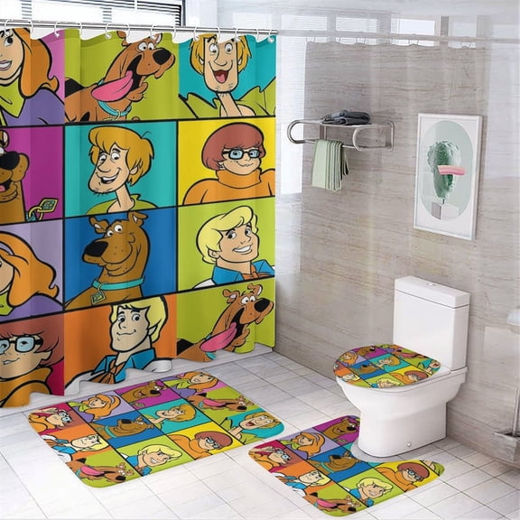 Scooby-Doo Scooby Shower Curtain Sets 4 Piece Bathroom Set Non-Slip Rugs Bath Mats U-Shaped Floor Mat Toilet Lid Cover Mat for Bathroom Decor