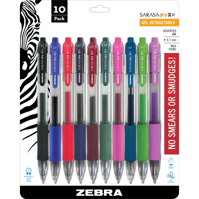 Bolígrafos de gel Zebra Pen Sarasa Dry X20, 0,7 mm, tamaño mediano, paquete de 10