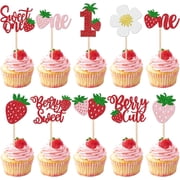 Sweet One Strawberry Cupcake Toppers, Glitter Berry Sweet and Berry Cute Picks, 1st Birthday Party Decorations, 10 Pack