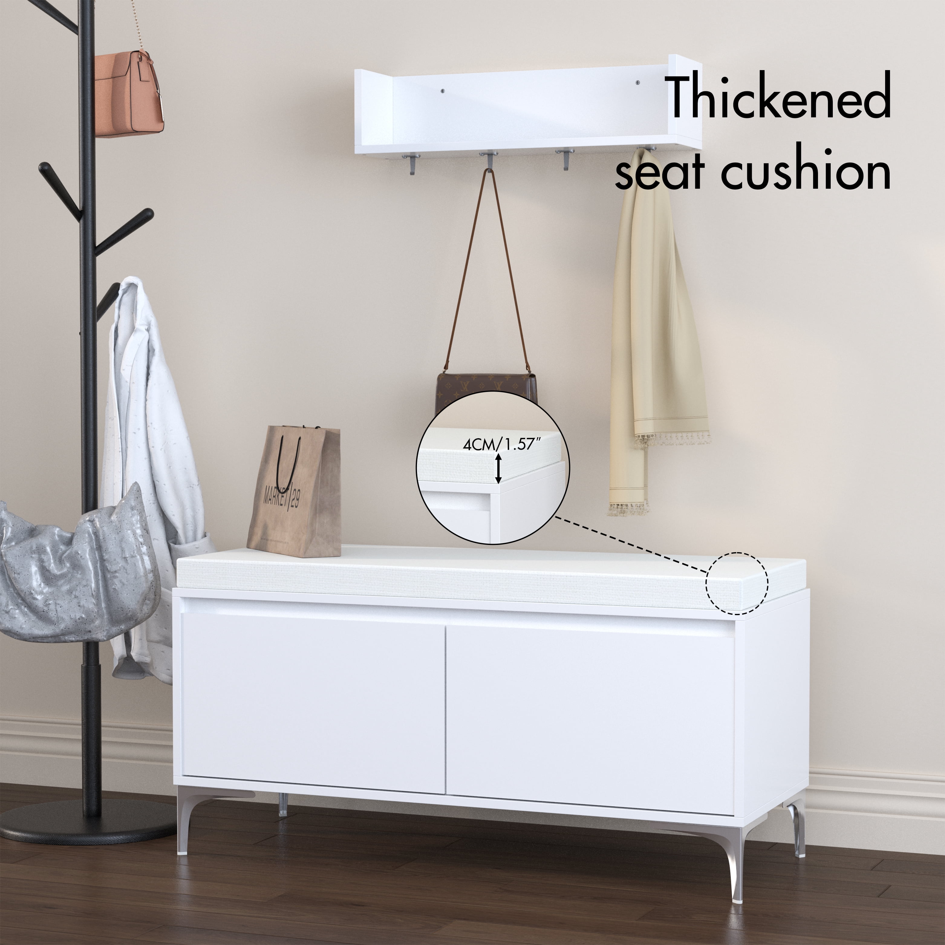 Wall-Mounted Entryway Shelf with Hooks and Storage Bench Set, Off White Metal & Wood Shoe Cabinet with Cushion