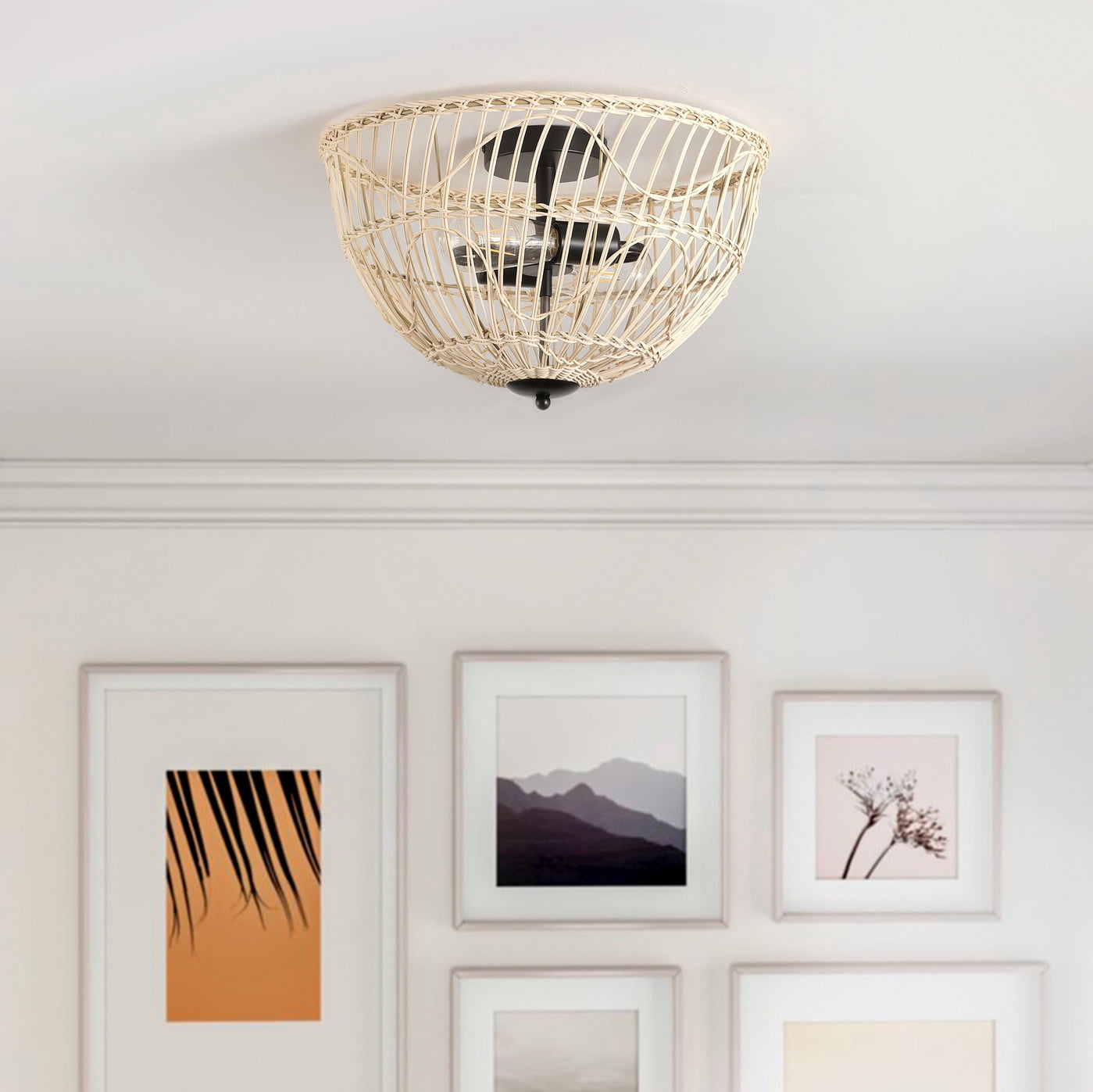 2-Light Boho Semi Flush Mount Ceiling Lighting, Retro Rattan Ceiling Lighting, Farmhouse Close to Ceiling Light for Living Room Bedroom kitchen