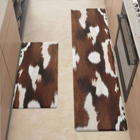 

Anti Fatigue Kitchen Mat Brown White Cow Sets of 2 Kitchen Rugs Non Slip Cushioned Standing Mat for Sink Floor Laundry Office Desk Mid 17.3 x 29 + Pro 17.3 x 59