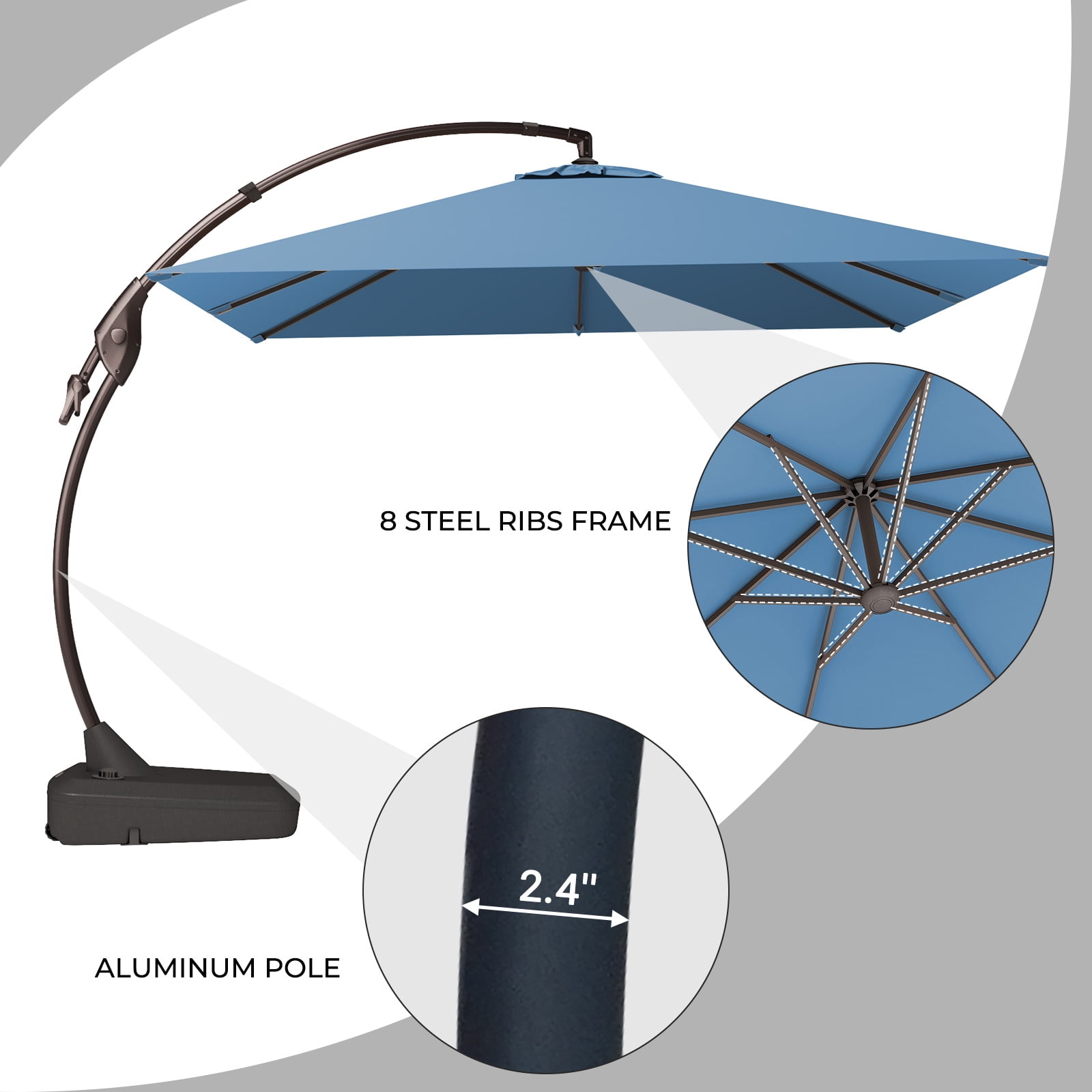GRANDPATIO x SUNBRELLA 10x10 Ft Square Patio Umbrella Deluxe Curvy Aluminum Offset Umbrella, Outdoor Cantilever Umbrella with Base, Canvas Sapphire Blue