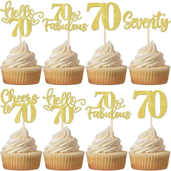 10 Pack Gold Glitter 70th Birthday Cupcake Toppers, Cheers to 70 Picks for 70th Birthday Party Cake Decorations Supplies
