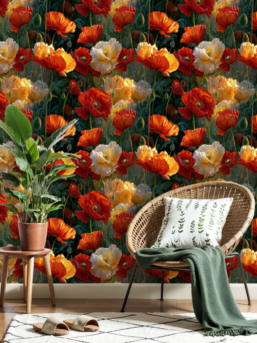 Vintage Peel and Stick Wallpaper Stunning Poppies Full Bloom Golden Glow Wall Mural 23.6in x 9.8ft Self Adhesive Removable Wall Paper Renter Friendly Wallpaper for Nursery Bedroom Cabinets