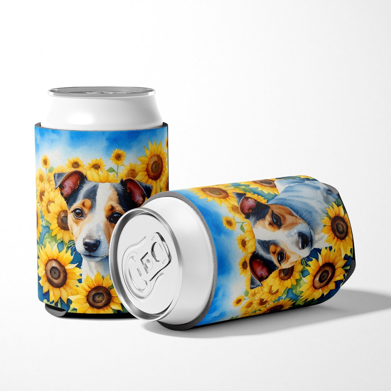 Jack Russell Terrier in Sunflowers Can or Bottle Hugger 3 in x 5 in