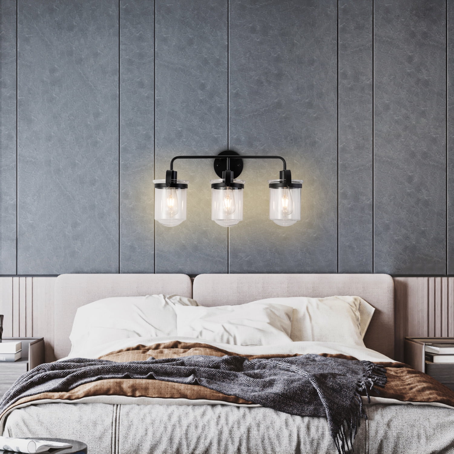 IVV Farmhouse Bathroom Vanity Light Fixtures Black with Clear Glass Shade 3 Light Industrial Wall Lighting Rustic Sconces Wall Mount Lamp for Living Room Hallway (Bulbs Not Included)