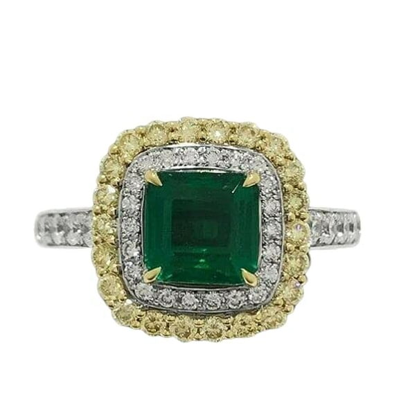 HeartsAndYou 4ct Asscher Cut Emerald Moissanite Accent Halo Vintage Inspired Ring 18k Dual Gold over Silver Stylish