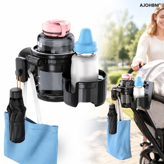 AJOHBM Universal Stroller Cup Holder with Phone Holder,360° Rotatable 3-in-1 , Stroller Cup & Phone Holder - Universal for Baby Strollers & Wagons, Bikes, Wheelchairs & More - Black