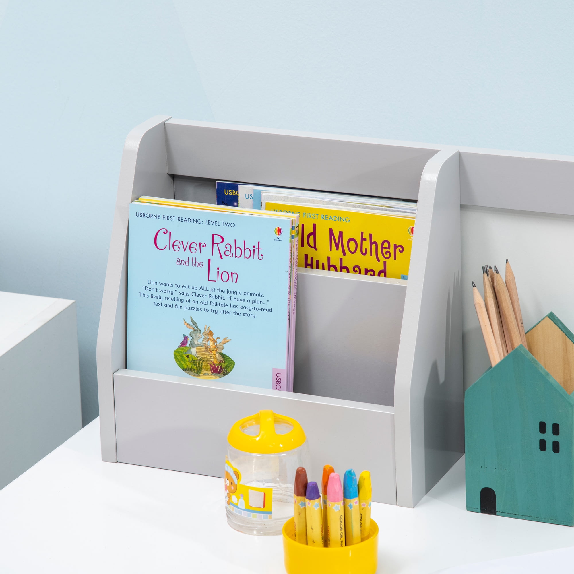 Qaba Toddler Table and Chair Set, with Whiteboard, Kids Writing Desk Homework Table, Gray