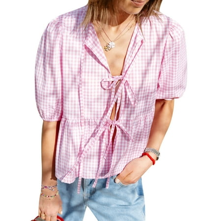 SANSIWU Women Plaid Bow Tie Lace Up Front Shirt Top Puff Sleeve Y2K Peplum Ruffle Babydoll Blouse
