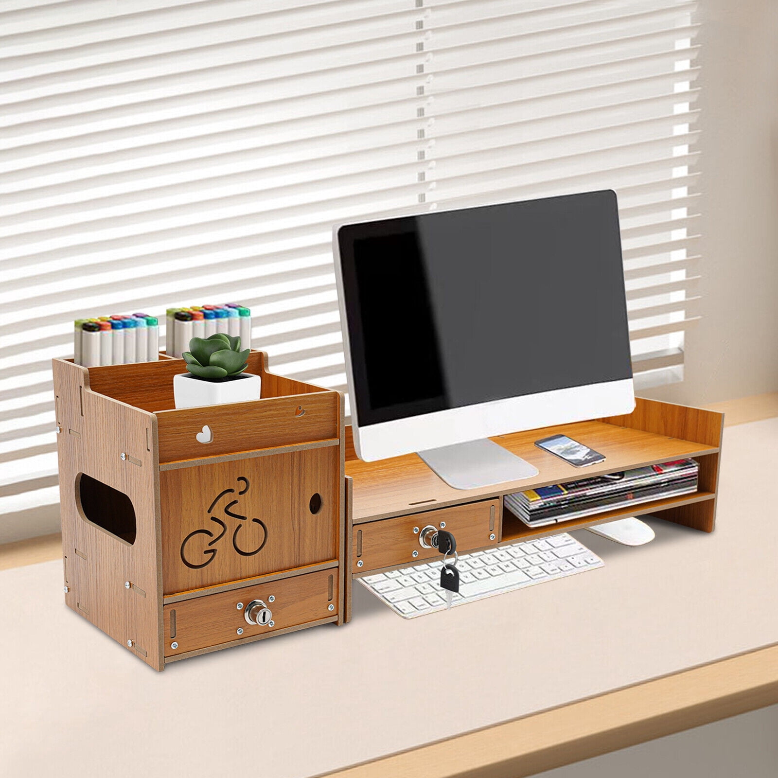 Wood Color Monitor Stand Riser, Computer Monitor Booster Stand, Multifunctional Desktop Organizer Stand for Laptop, PC, Computer, Printer