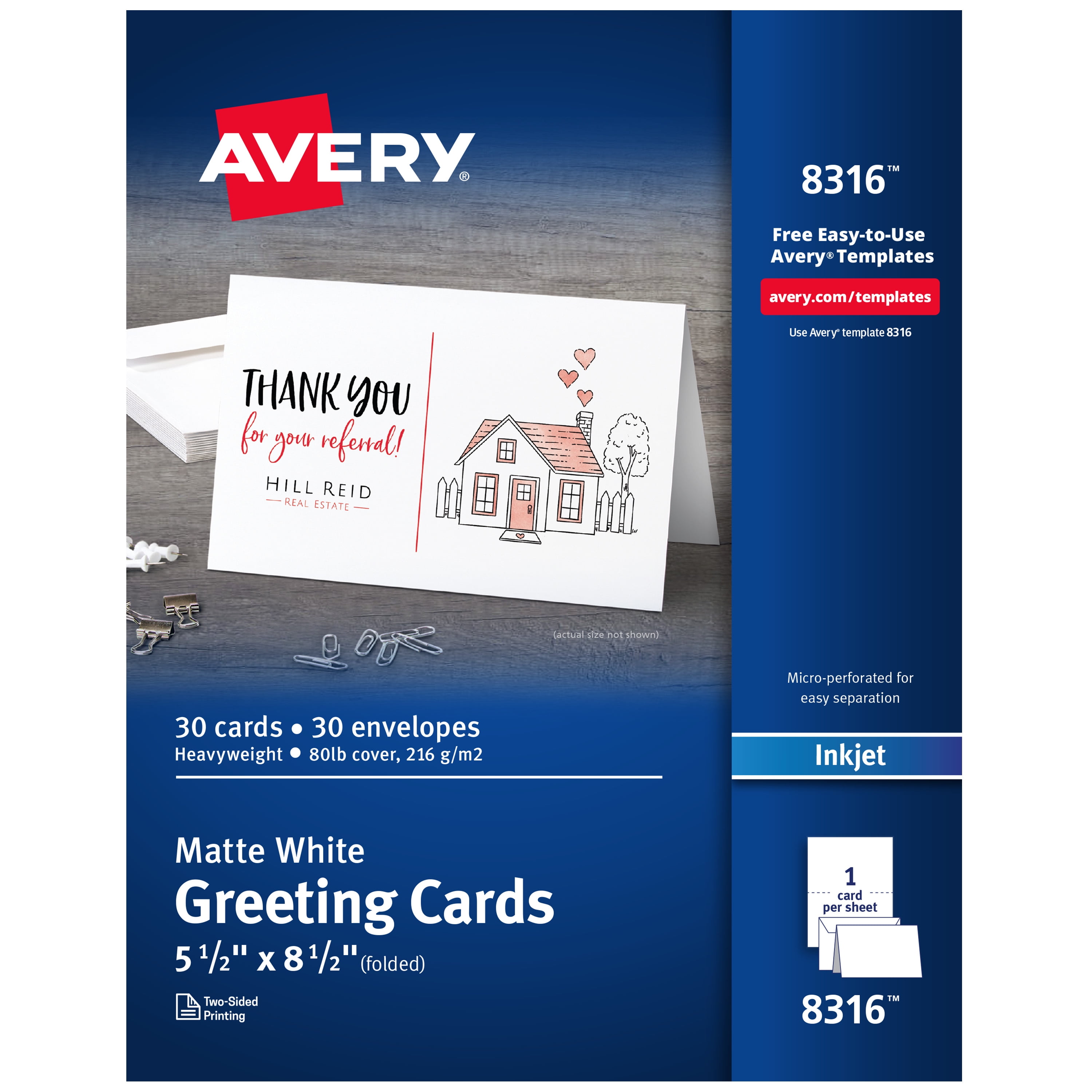 Avery Printable Greeting Cards with Envelopes, Half-Fold, 5.5' x 8.5', Matte White, 30 Blank Greeting Cards for Inkjet Printers (8316)