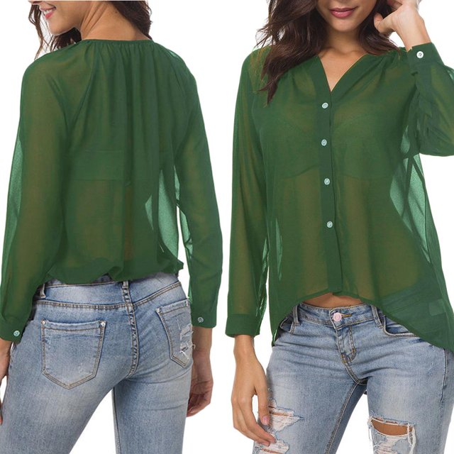 Manga Larga Gasa Ocasionales Blusas Mujer Suave Cómoda Elegante Sensación SG Salvador Camisa de chifón con cuello en v