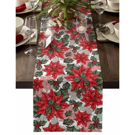 Table Runner Dresser Scarves 70 Inch Long, Mery Christmas Holly Poinsettia Linen Dining Table Runners Red Flower Green Leaves Berry Tabletop Scarf for Wedding Holiday Party Kitchen