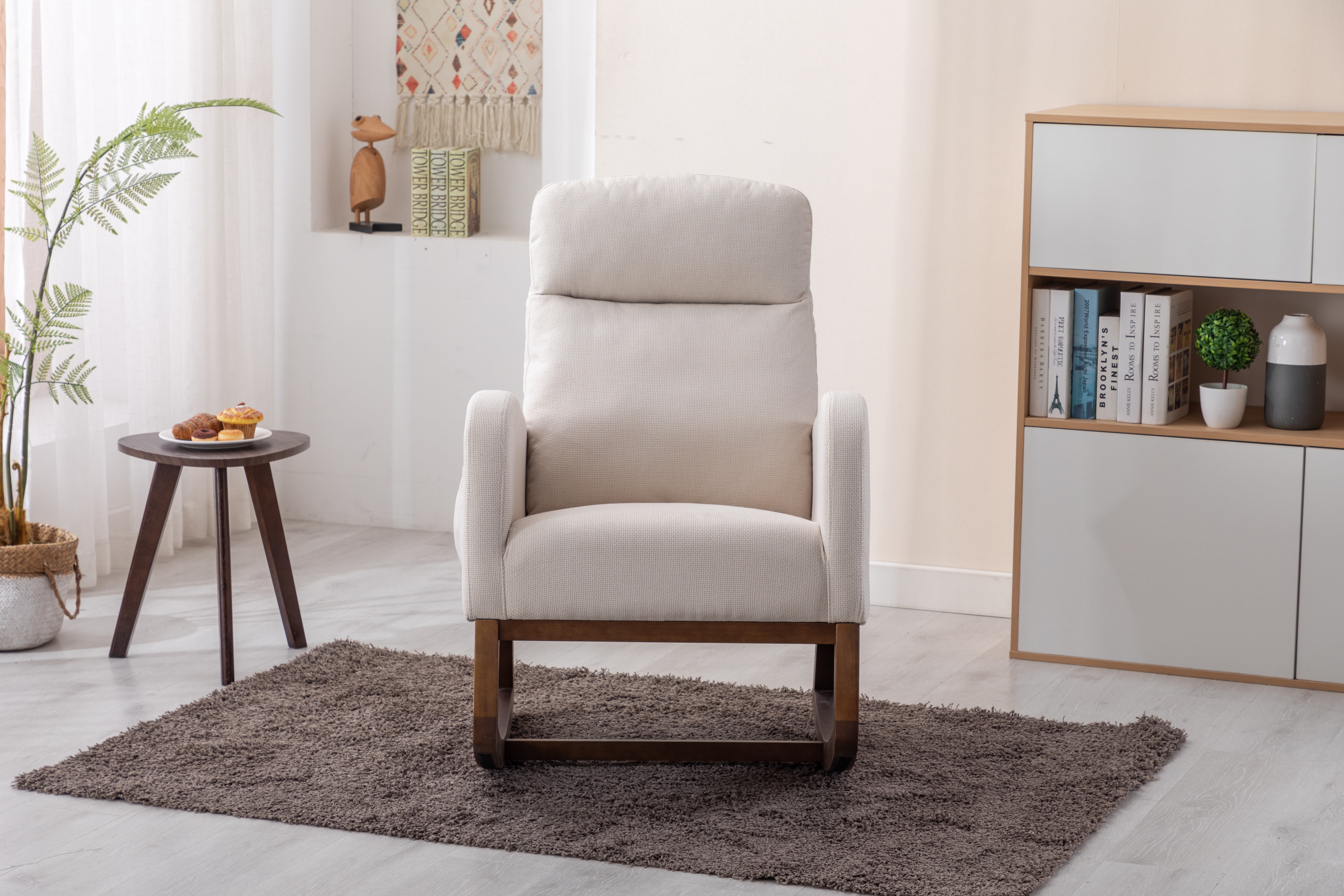 Rocking Chair, Modern Glider Chair, Recliner Armchair with Wood Legs and Side Pocket, Nursery Rocking Accent Chair with High Back for Living Room Bedroom, Beige