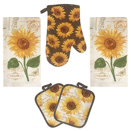yellow 5 pc SET: 2 POT HOLDERS,1 OVEN MITT & 2 TOWELS SUNFLOWERS & LEAVES KC 