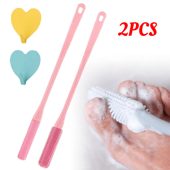 2pcs Toe Gap Cleaning Brushes Long Handled, Silicone Foot Scrubber in Shower, Soft Rubber Brush, Exfoliating Foot Scrubber for Seniors Men Women