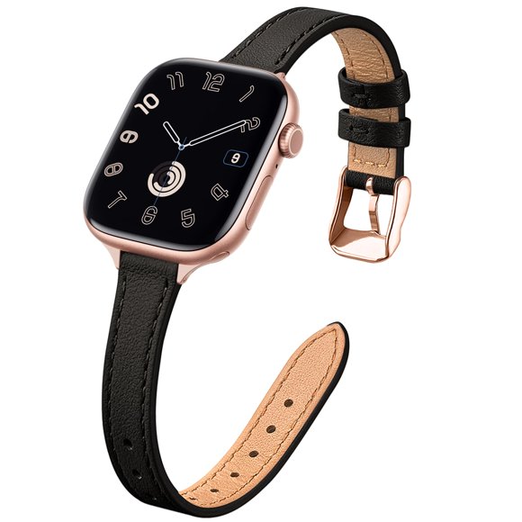 STIROLL Slim Leather Bands Compatible with Apple Watch Band 49mm 46mm 45mm 44mm 42mm(Series 3 2 1), Top Grain Leather Watch Thin Wristband for iWatch Ultra SE Series 10/9/8/7/6/5/4/3/2/1