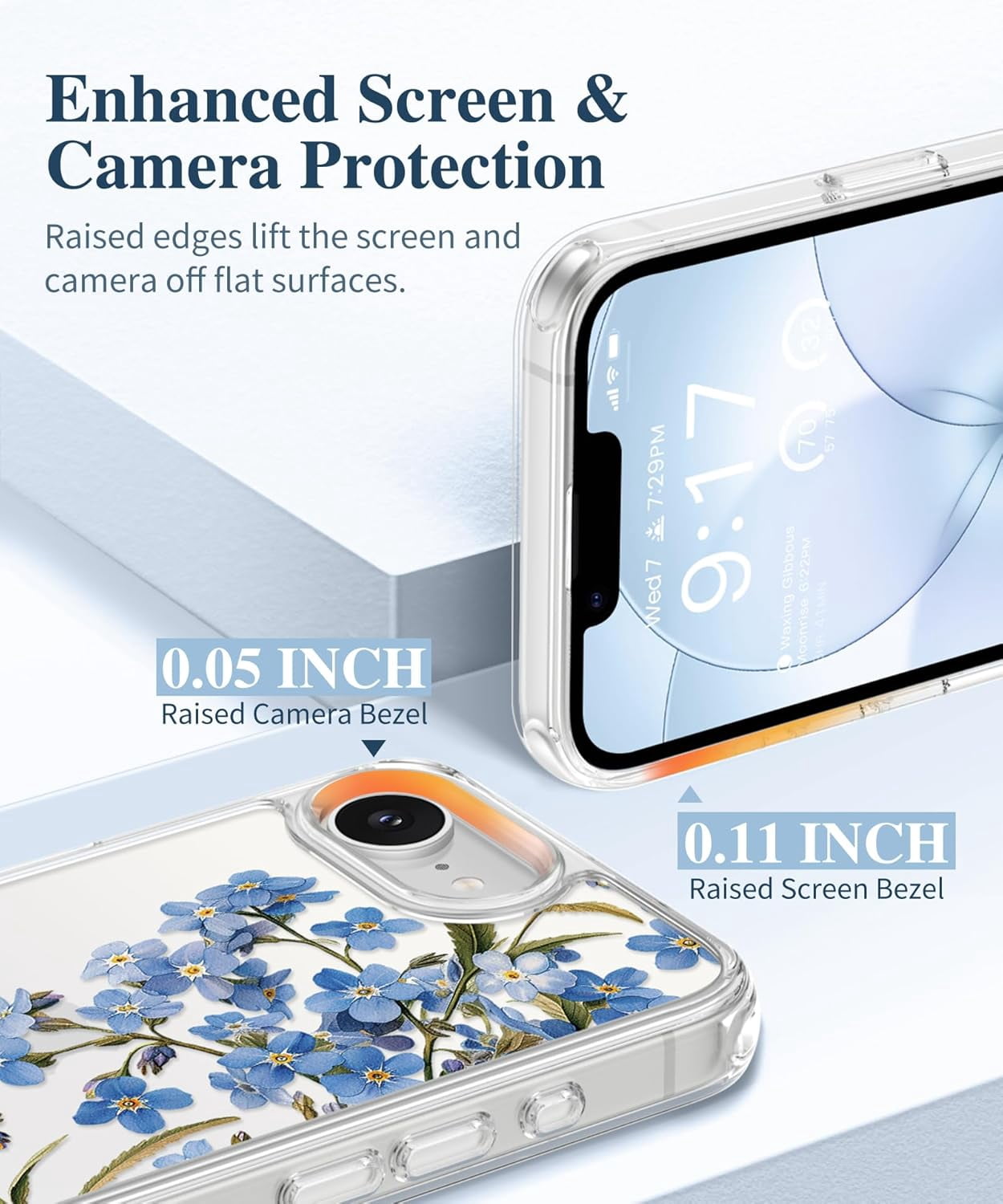 for iPhone 17e Case & iPhone 16e Case, [Non-Yellowing][Military-Grade Protection] Hard PC&TPU Bumper, Floral Shockproof Protective Clear Phone Case (Aconite/Blue)