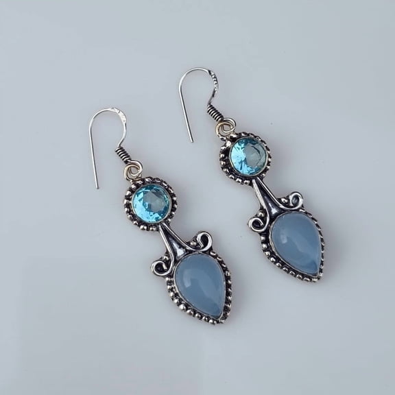 Natural Aqua Chalcedony & Blue Topaz Dangle Earring, 925 Sterling Silver Earring, Pear Gemstone Dangle Earring, Birthstone Earring, Gift For Her