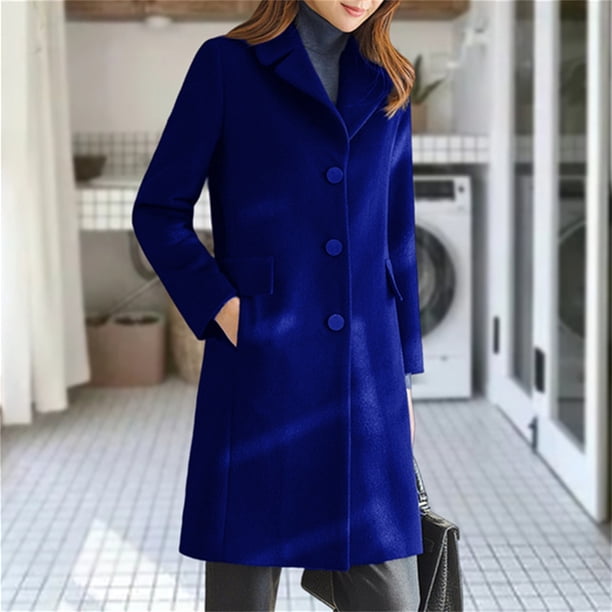 Chaqueta y abrigo informal de manga larga sin capucha para mujer, de lana, con bolsillos, color liso y botonadura larga, a la moda