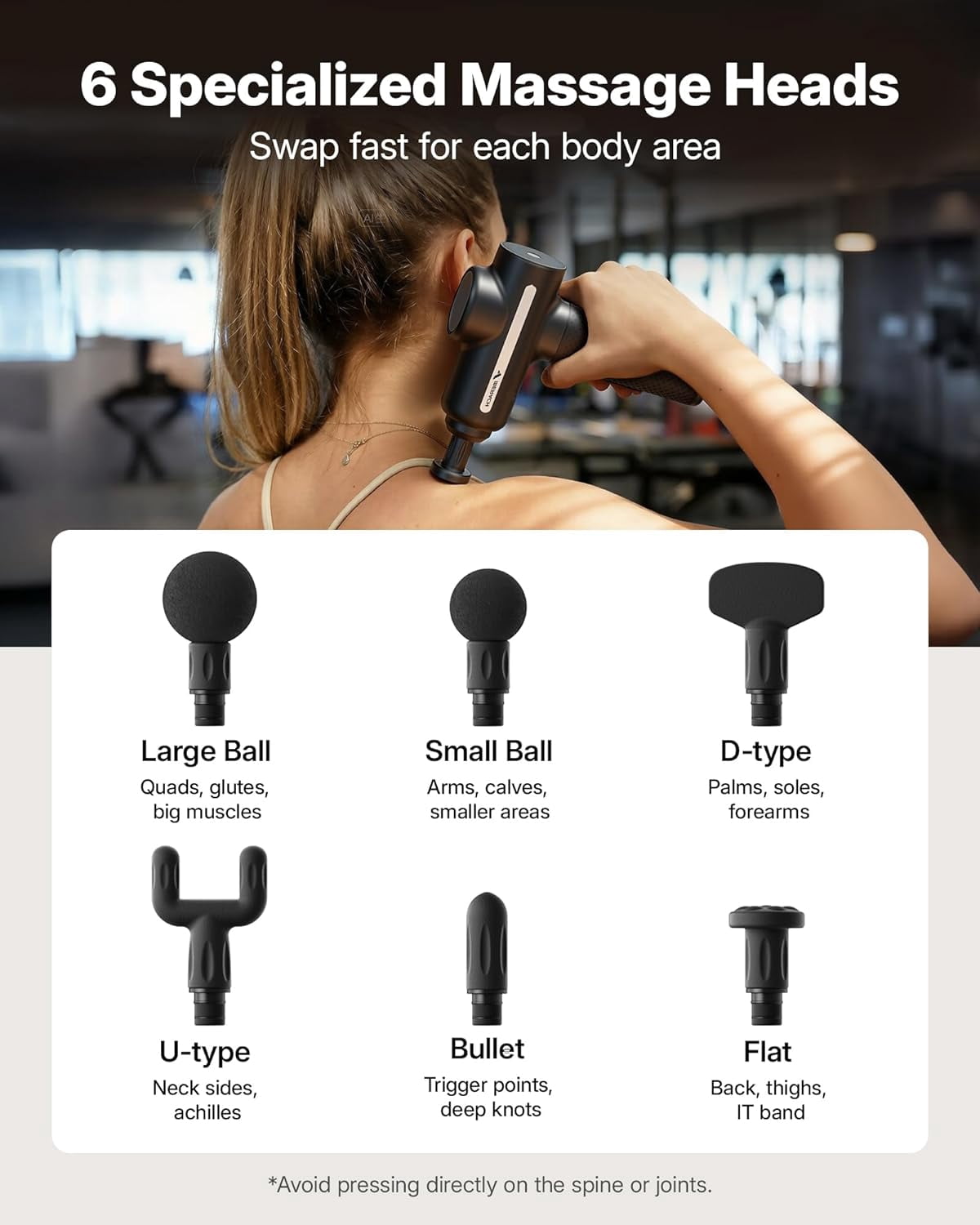 Pro-Grade Deep Tissue Massage Gun with 12mm Amplitude, Quiet Percussion Massager for Muscle Pain Relief, 6 Heads & 5 Speeds, Long Battery Life Handheld Body Massager