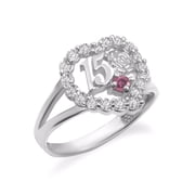 .925 Sterling Silver 15 Aos October Pink Cubic Zirconia Heart Rose Flower Quinceaera Ring (Size 6)