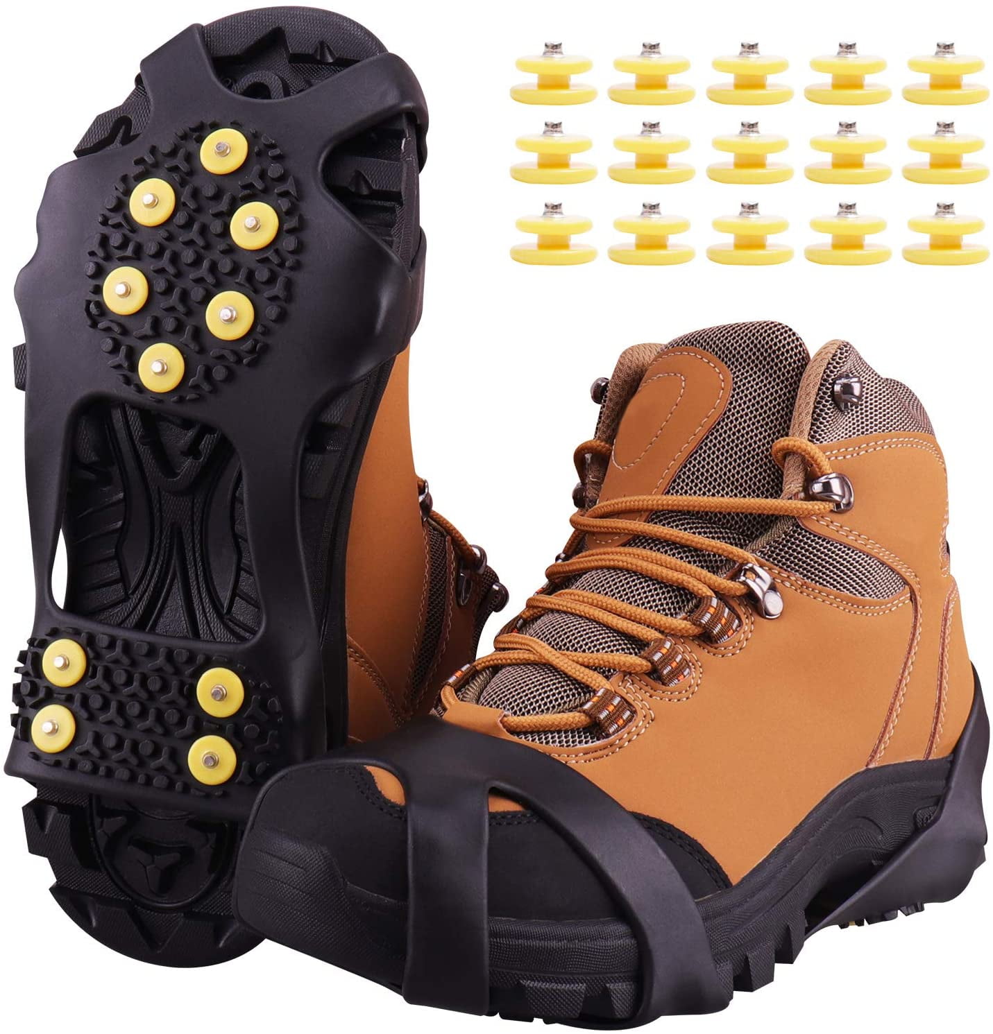 Ice Snow Grips Anti Slip Winter Ice Grippers Snow Traction Cleats Crampon Spikers Ice Traction Slip on Boots Shoes Cover Fit for Hiking Fishing Climbing With 15-Pack Spare Snow Spikes 