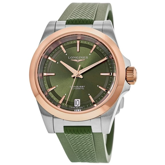 LonginesConquest Automatic Green Dial 18K Rose Gold Plated Bezel Rubber Strap Women's Watch L3.430.5.02.9