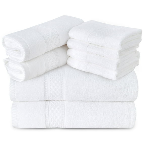 Gogreen Ensembles de Serviettes de Bain 100 % Coton de 8 Pcs, 2 Serviettes de Bain 2 Serviettes à Main 4 Débarbouillettes, Serviettes Hautement Absorbantes pour Salle de Bain, Gym, Hôtel (Blanc)