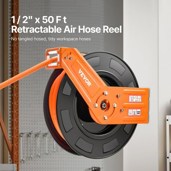 Heavy Duty 1/2 Inch Air Hose Reel 50 FT Retractable – 300 PSI Hybrid Air Hose Reel for Garage, Tires & Tools