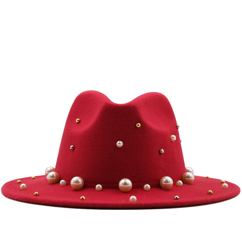 Simple Women Wool Fedora Hat with Pearl Ribbon Wide Brim Jazz Church Panama Caps