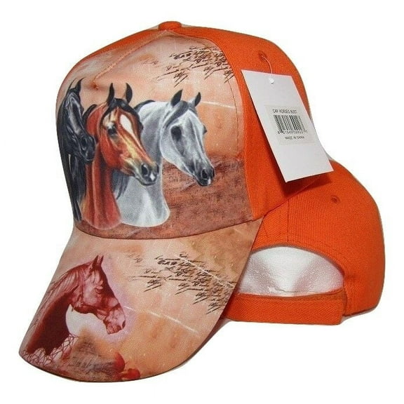Three Horse Head Neon Orange Printed Baseball Cap Hat