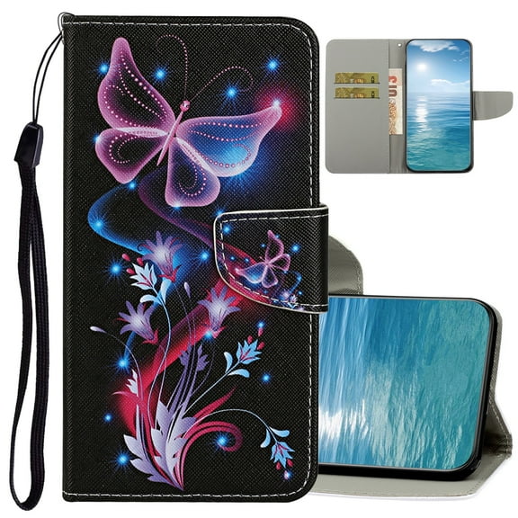 Dteck for iPhone 15 Case Wallet with Card Holder, Cute Pattern Folio Flip PU Leather Wallet Case for Women Men, Fluorescence Butterfly