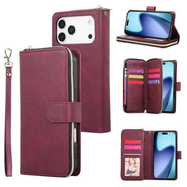 For iPhone 17 Pro Max Case Zipper Pocket 9 Card Slots PU Leather Phone Cover with Hand Strap - Rose