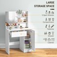thumbnail image 3 of White Vanity Set with Mirror & Stool - Makeup Table with Storage for Bedroom - 80” Tall Dressing Table with Adjustable Shelf & PU Leather Seat, 3 of 7