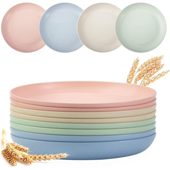 Ludolm 8 Pack Plastic Plates Reusable 10 Inches Unbreakable Lightweight Wheat Straw Plates, Salad Plates, Camping Plates, College Dorm Room Essentials, BPA FREE
