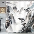 thumbnail image 3 of Cortina de ducha japonesa, pintura de paisaje asiático, tinta oriental, acuarela, montaña, árbol, cortinas de baño abstractas, juego de accesorios de baño de tela con estampado negro con ganchos de, 3 of 4
