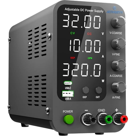 Jesverty DC Power Supply Variable, 0-32V 0-10A Switching Bench Power Supply with 20W USB & Type-C Quick-Charge, Encoder Corase & Fine Adjustment Knob, Output Switch, 4-Digit LED Display - SPS-3010V