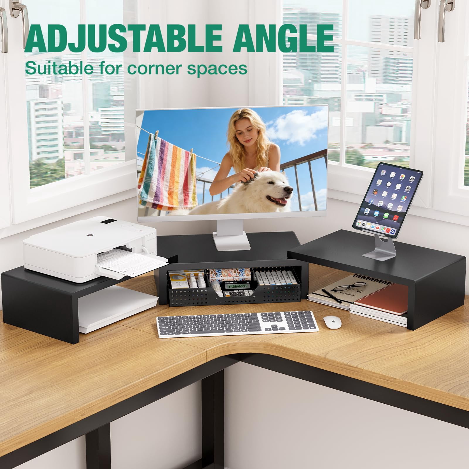 Dual Computer Monitor Stand Riser  Desk Organizer With Drawer Office Accessories & Workspace Organizers For Home Supplies Black