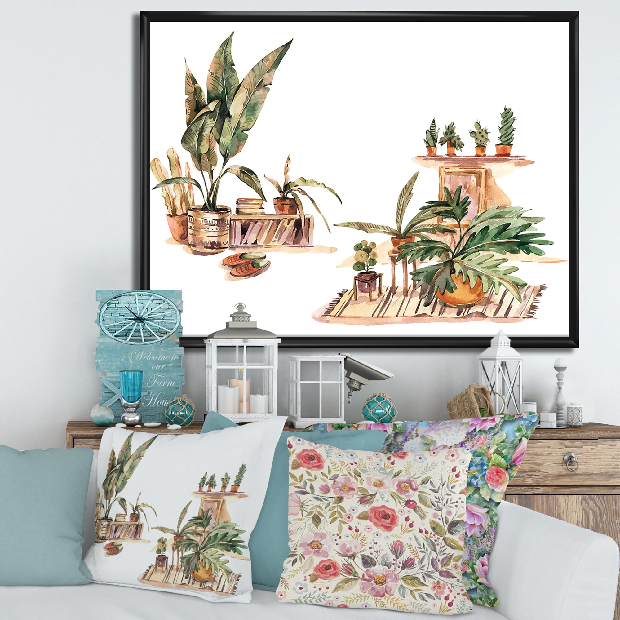 Designart 'Indoor House Plants Urban Jungle in Flowerpots III' Traditional Framed Canvas Wall Art Print
