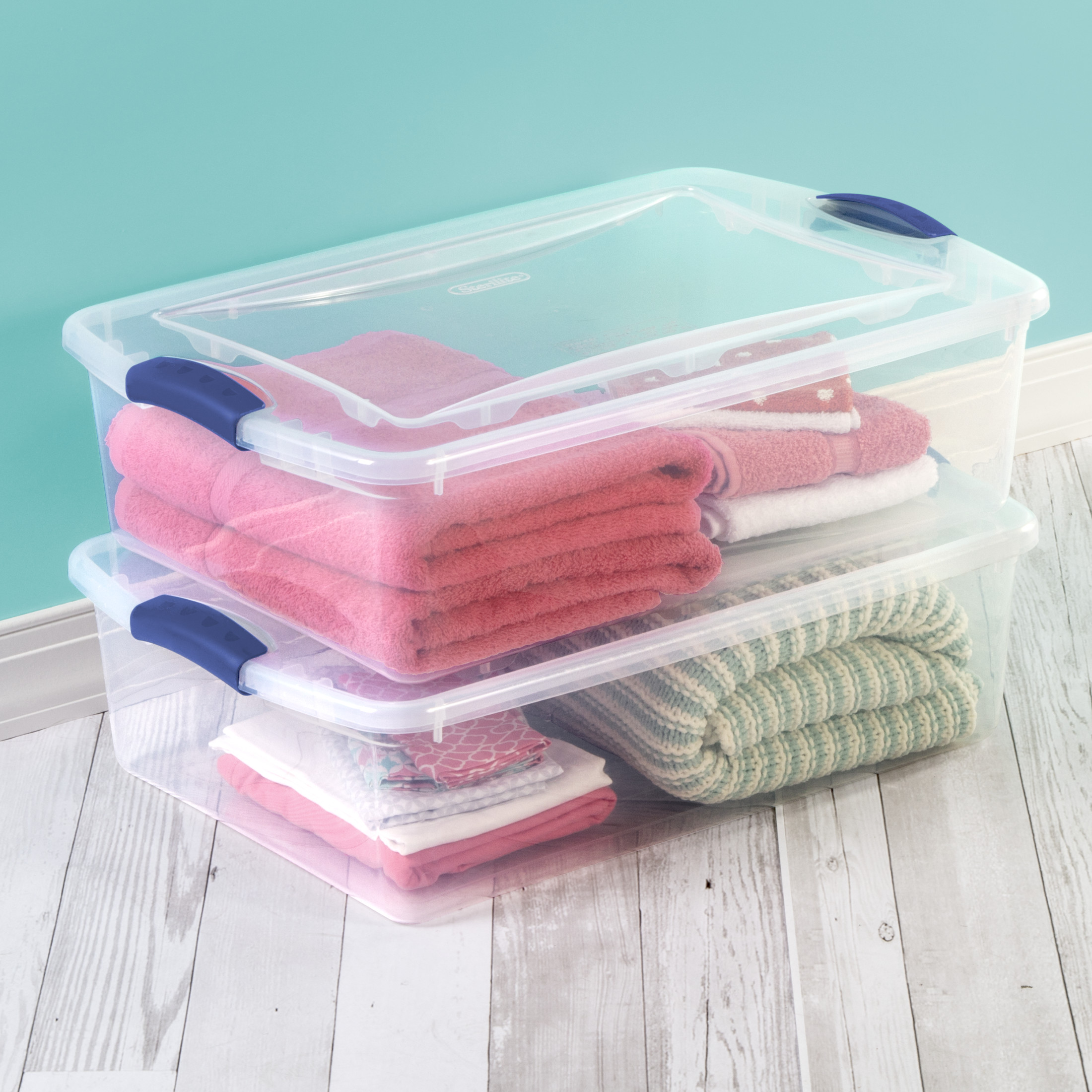 Sterilite 32 Quart Latching Storage Bin, Clear with Blue Latch (6-Pack) photo 5