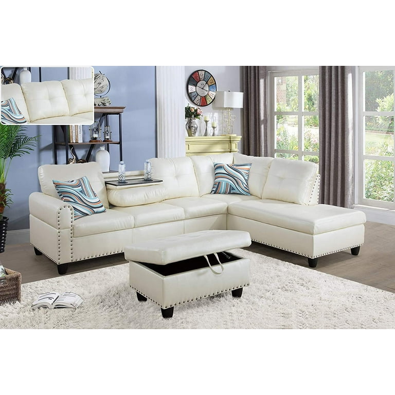 Ainehome Faux Leather Sectional Sofa Living Room Set with Drop Down Table Cup Holder White
