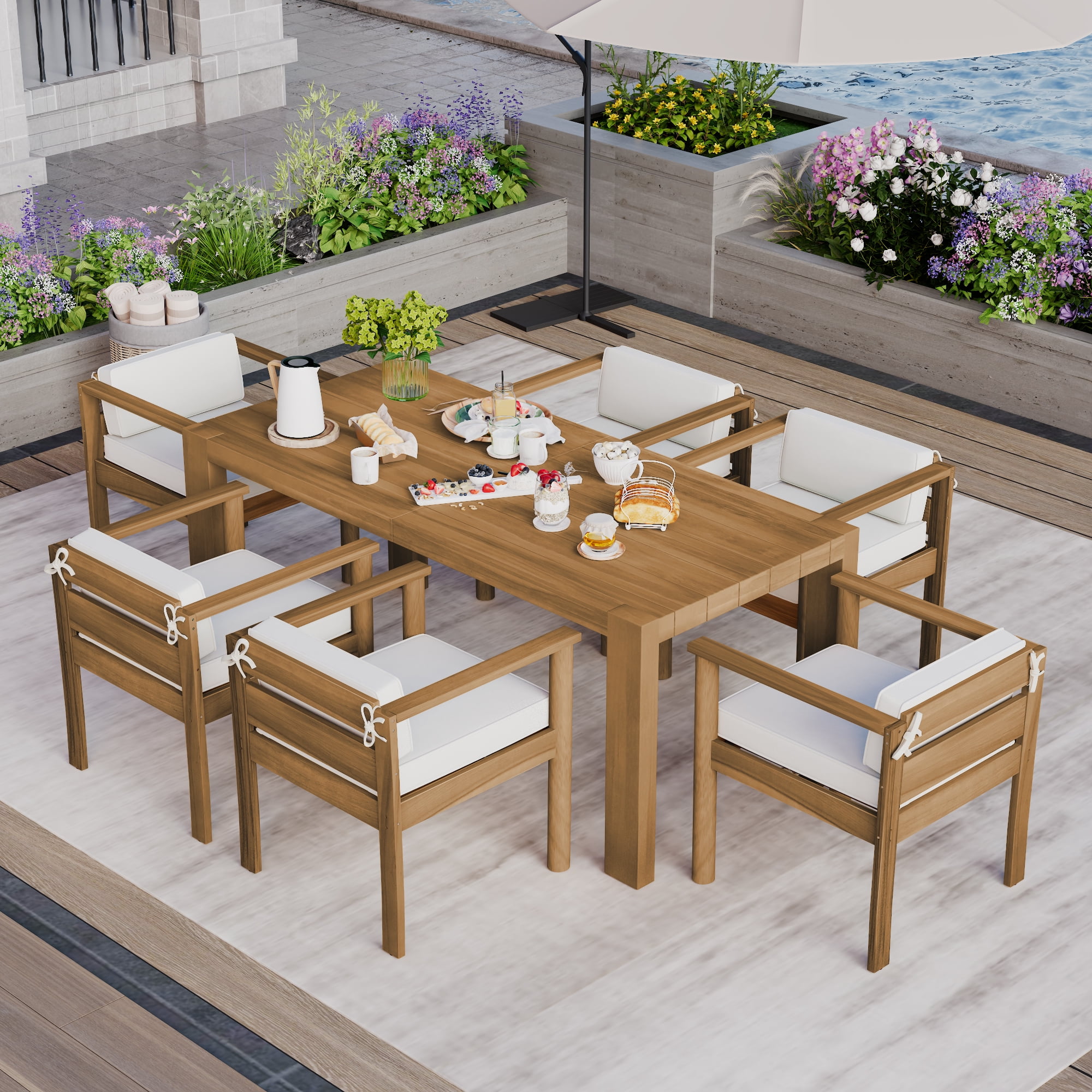 Harper & Bright Designs Wood Patio Dining Table Set for 6, Outdoor All-Weather Patio Dining Furniture with Rectangle Table and Chairs Set with Removable Cushions for Garden, Beige, Light Teak